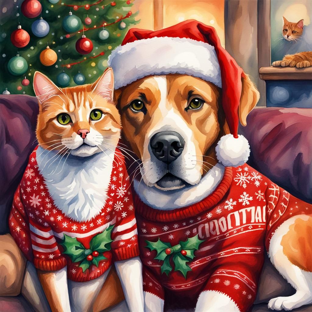 Dog and Cat Visit Santa: Watercolor Christmas Scene