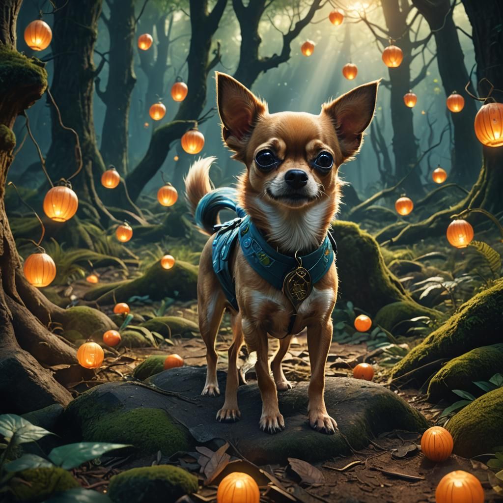 Angry Chihuahua in Mystical Forest: Fantasy Concept Art
