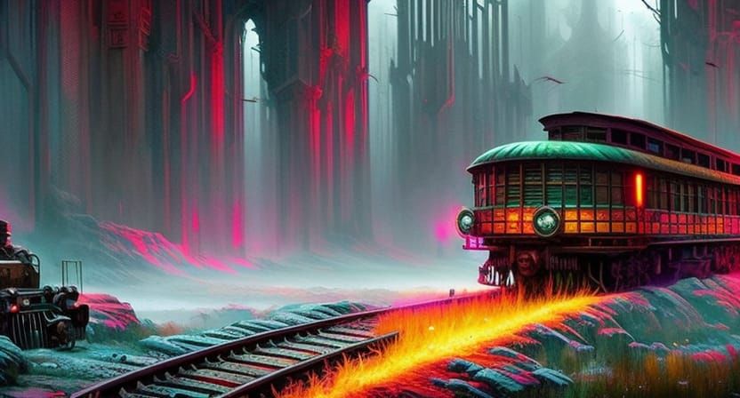 Surreal Dystopian Horror Train in Blazing Primitivist Colors
