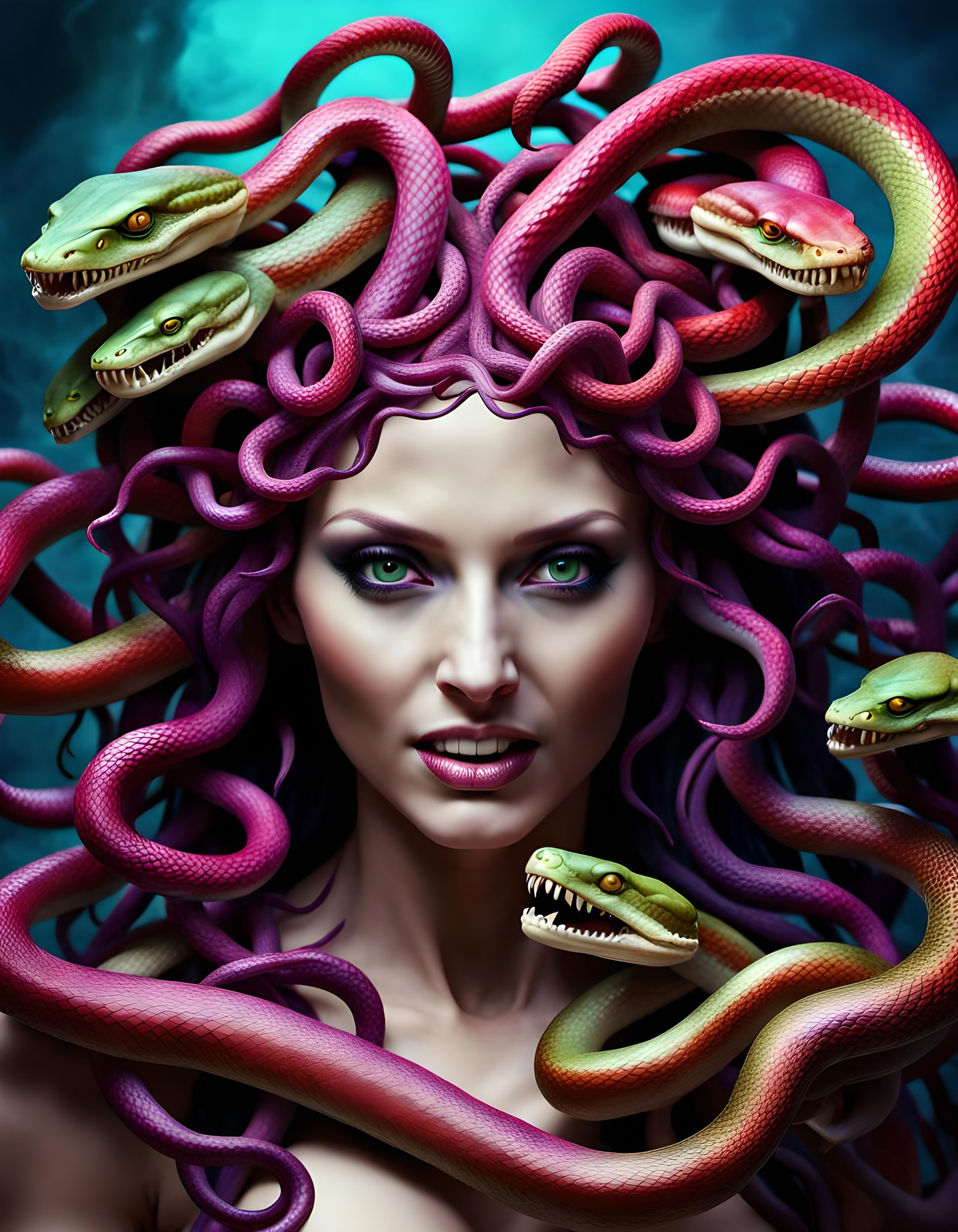 Medusa with Fanged Snakes in Vibrant Colors