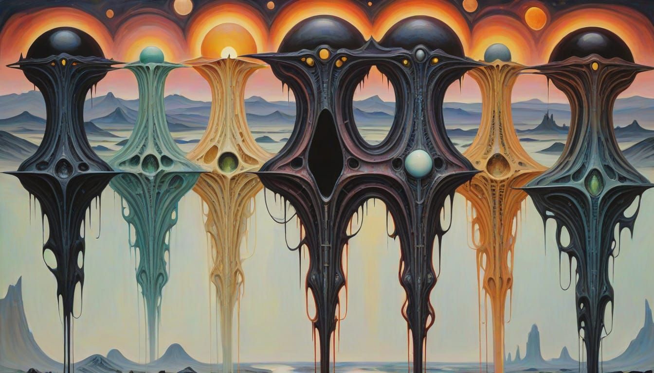 Surreal Alien Landscape Under a Melting Moon in Hyper-Maxima...