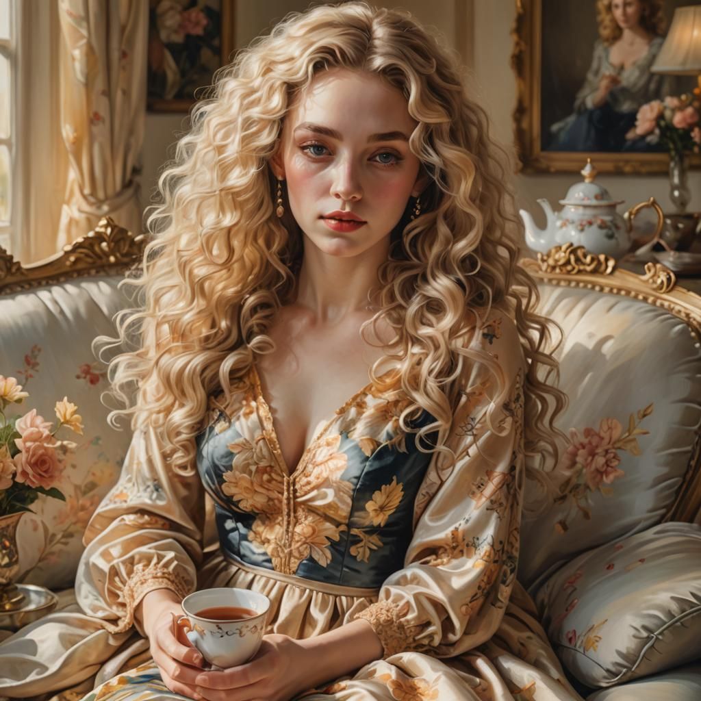 Woman with Blonde Curls in Fine Art Oil Painting