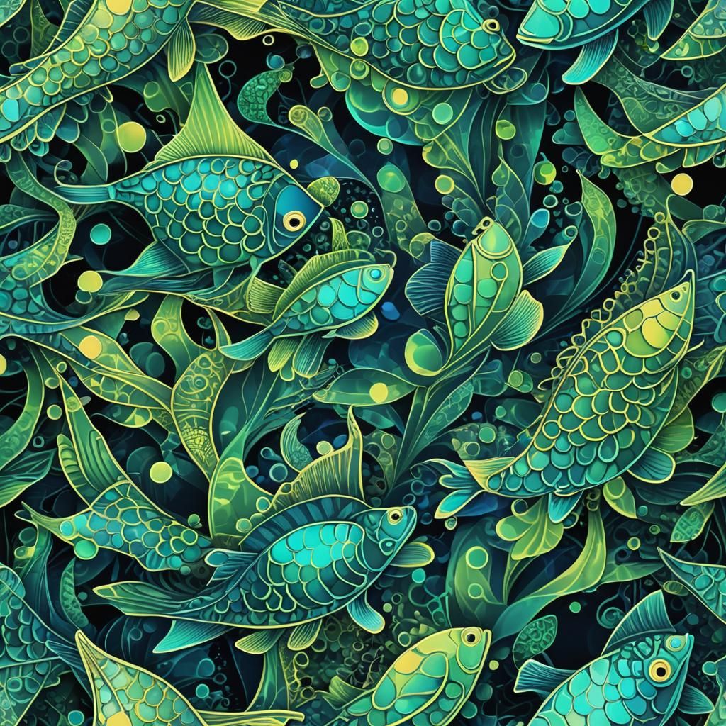 Neon Fractal Fish in Zentangle Style