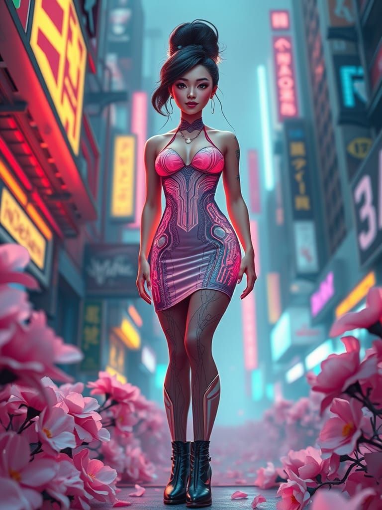 Cyberpunk Goddess in Vibrant Floral Cyberpunk Landscape
