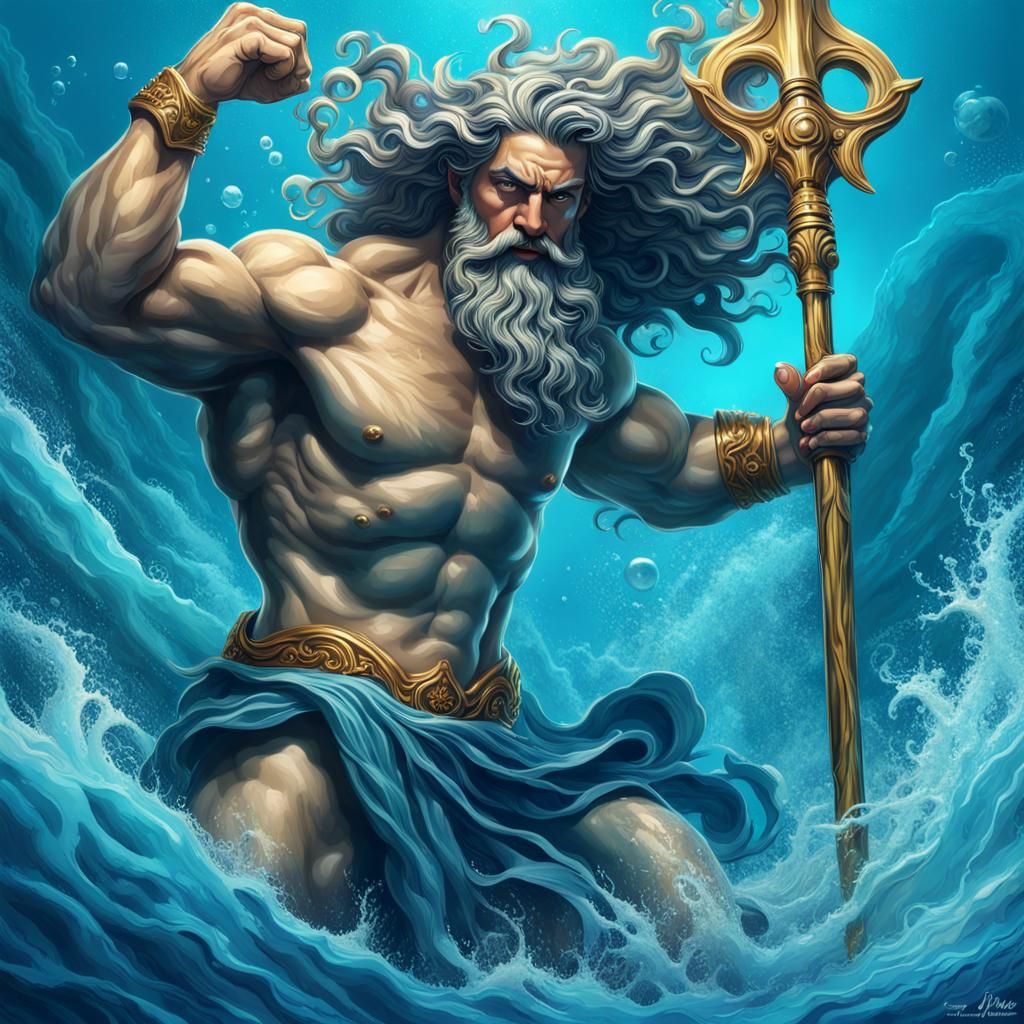 Hyperrealistic Poseidon with Trident in Swirling Water