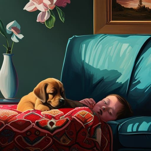 Puppy Asleep with Baby: Filmic Oil Painting