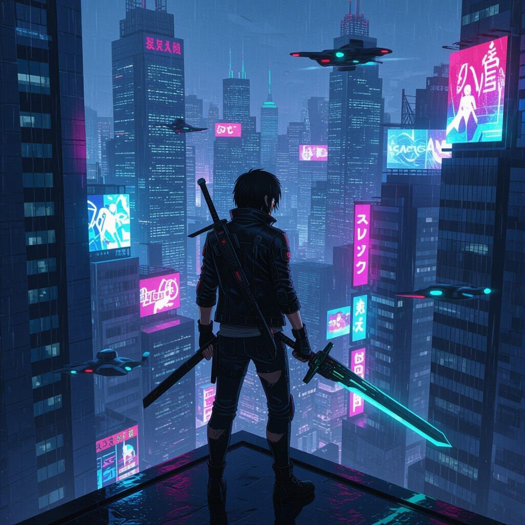 Cyberpunk Wanderer on Skyscraper with Glowing Eyes