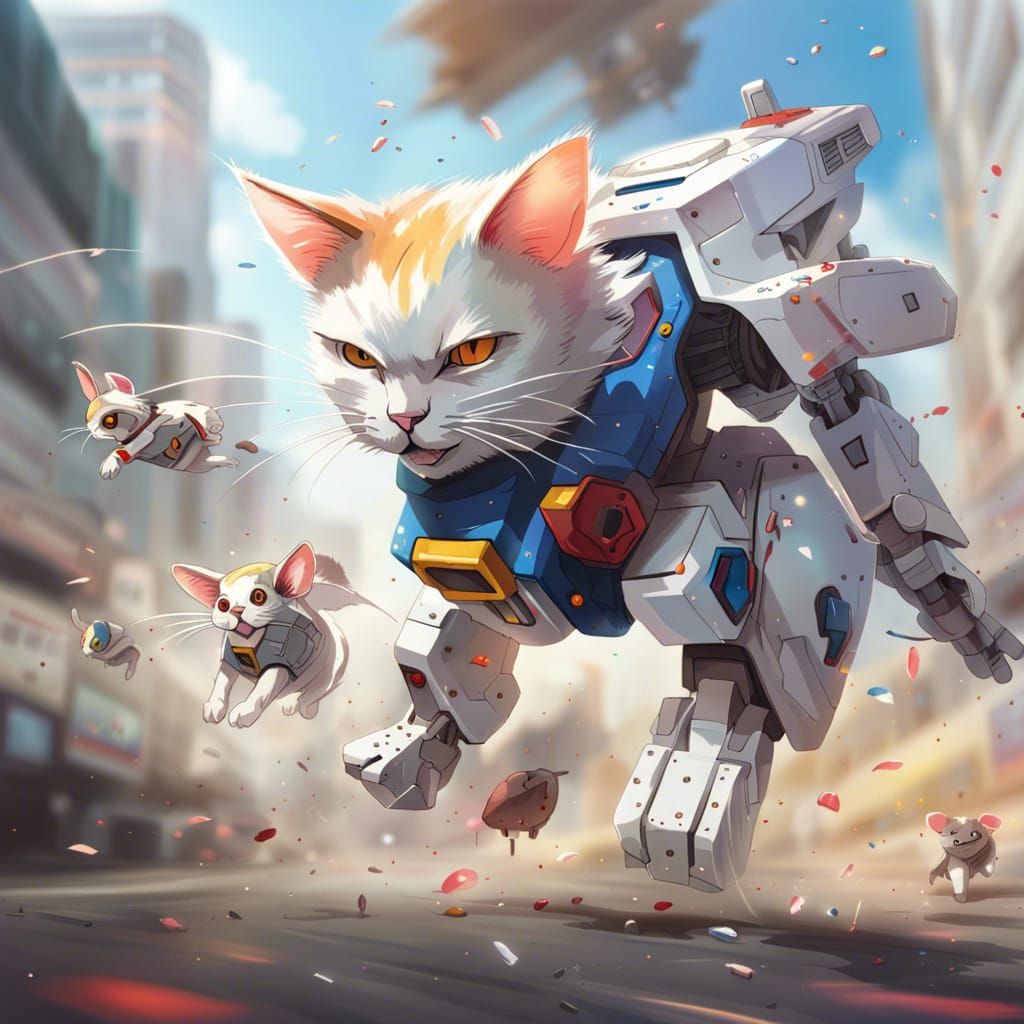 Gundam Cat Chasing Robot Mice in Splash Art
