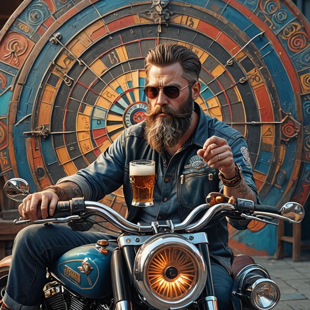 Man on Harley Davidson Throws Dart, Fantasy Art