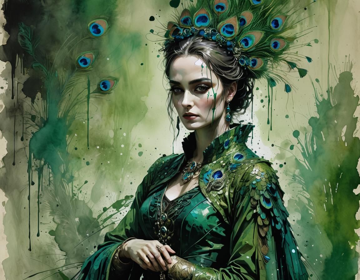 Peacock in Mixed Media with Watercolor Effects