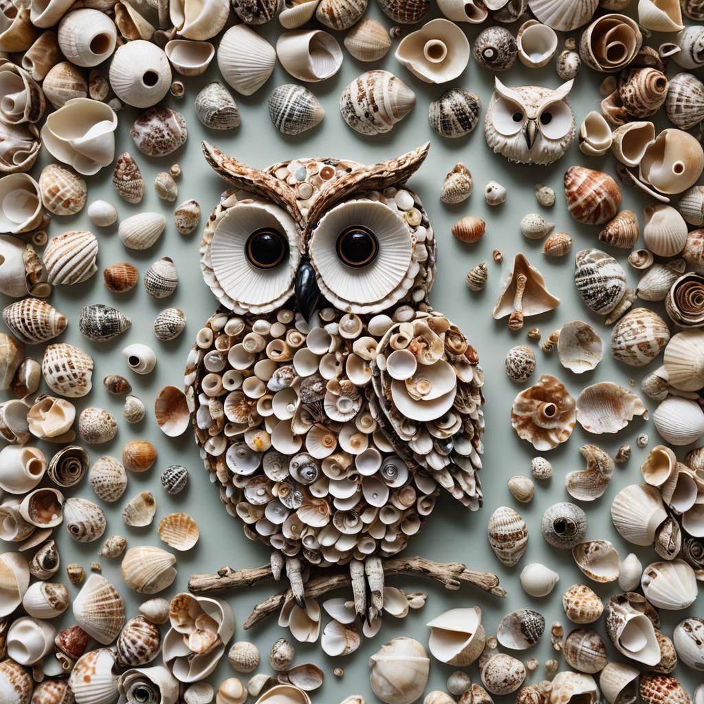 Seashell Owl Mosaic: Unique Coastal Art