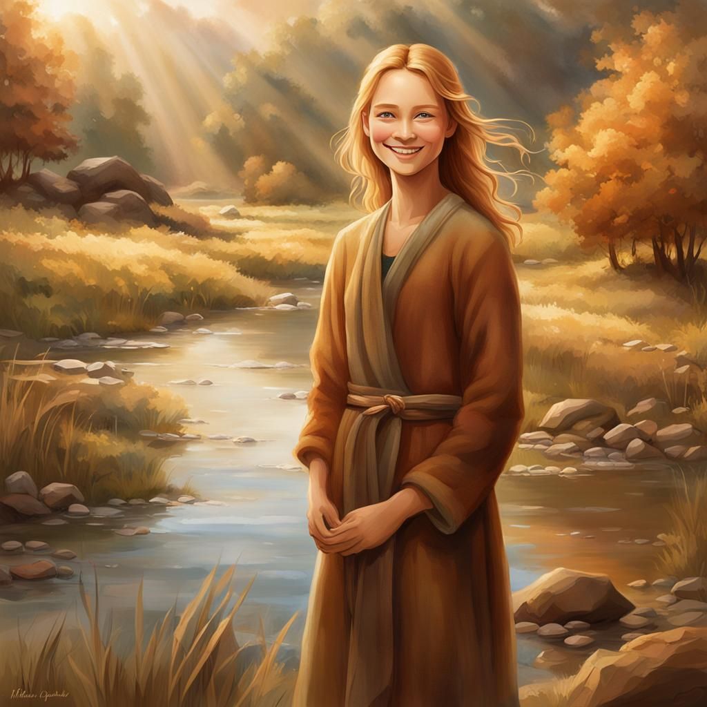 Generous Woman in Sunlit Landscape: Fantasy Art