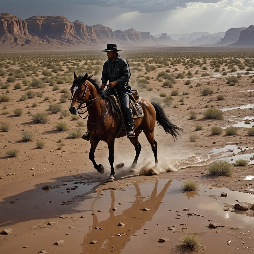 I've been through the desert on a horse with no name, it felt godd to out of the rain, heat wave, photorealistic