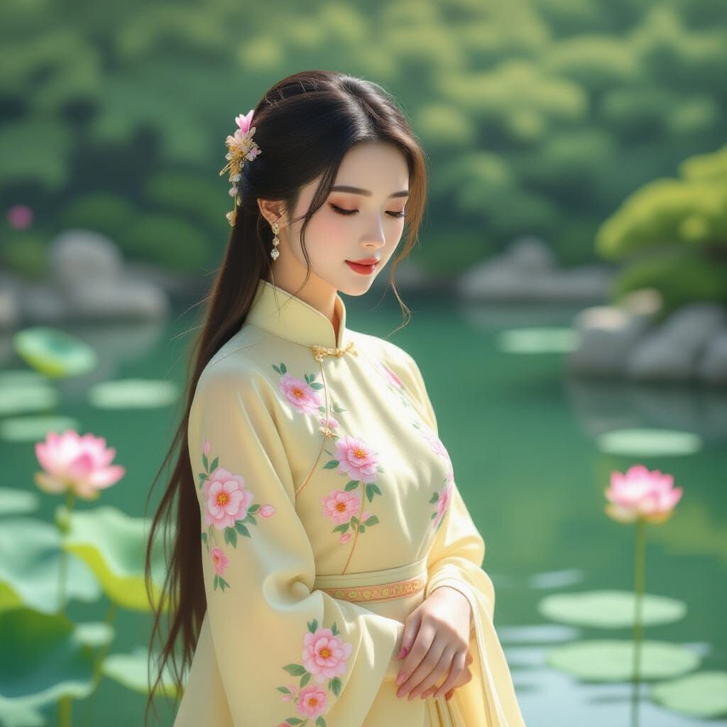 Woman in Qipao at Lotus Pond: Digital Art