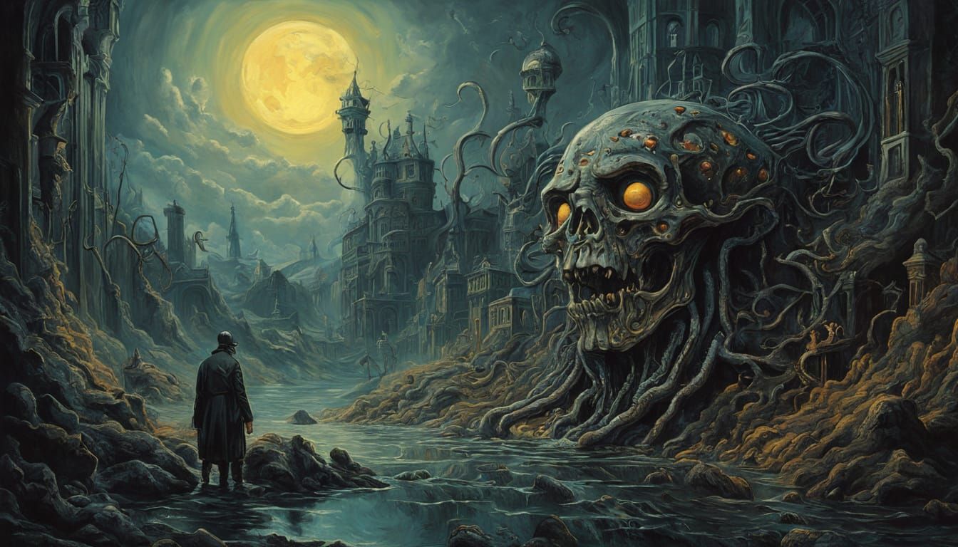 Idyllic Mountain House with Waterfalls, Cosmic Dystopian Art