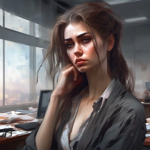 Sad Modern Girl in Office, Digital Portrait