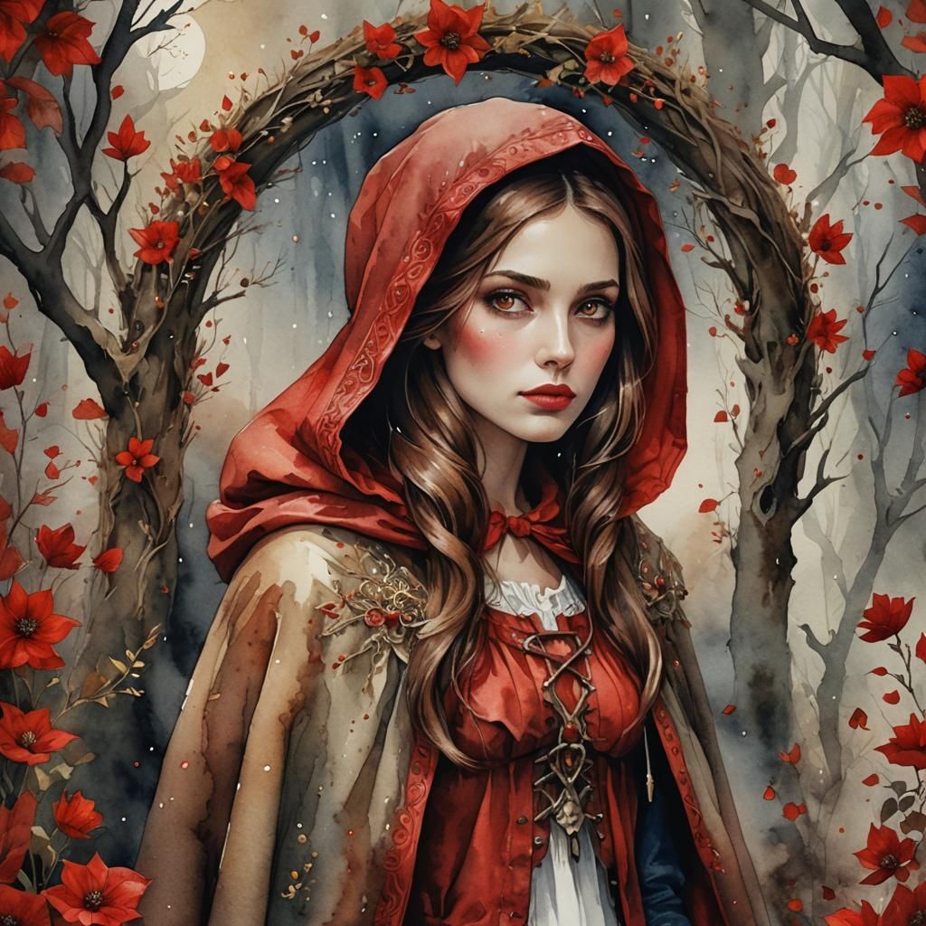 Virgo Woman as Red Riding Hood, Watercolor Style