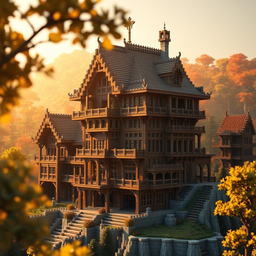 Detailed Medieval Minecraft Wooden House in Golden Light