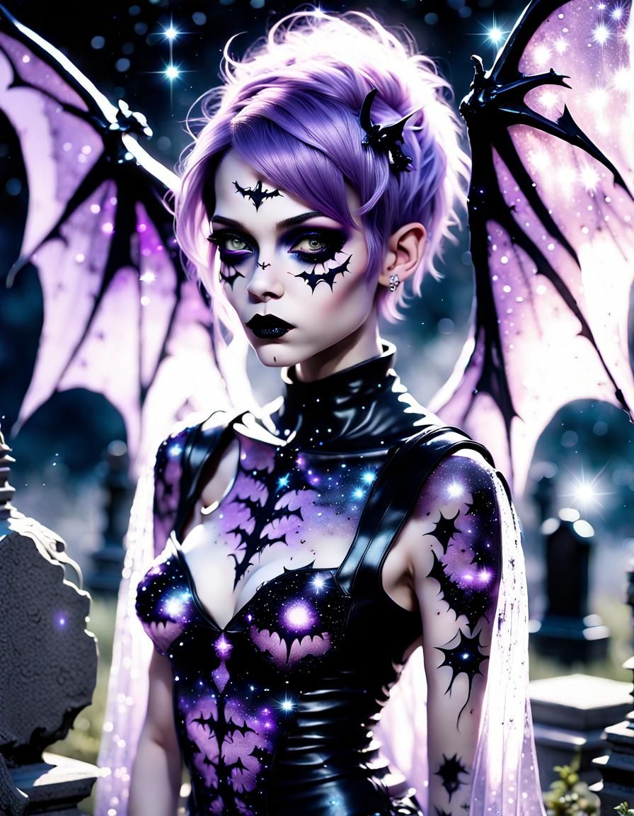 Gothic Punk Pixie with Bat Wings in Cemetery