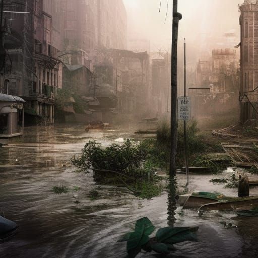 Verdant Post-Apocalyptic Flooded Townscape
