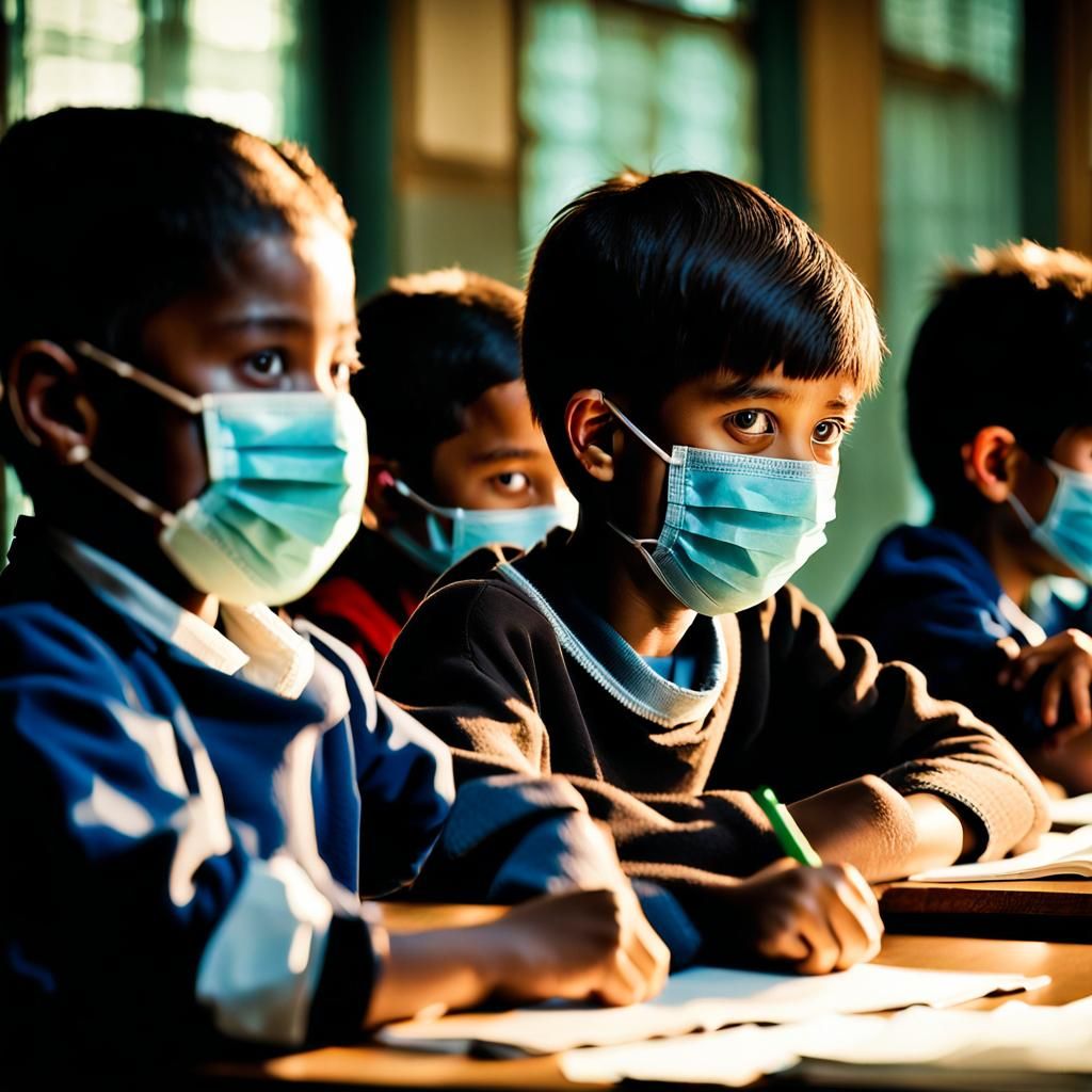 Sad Portrait of Masked Children in School