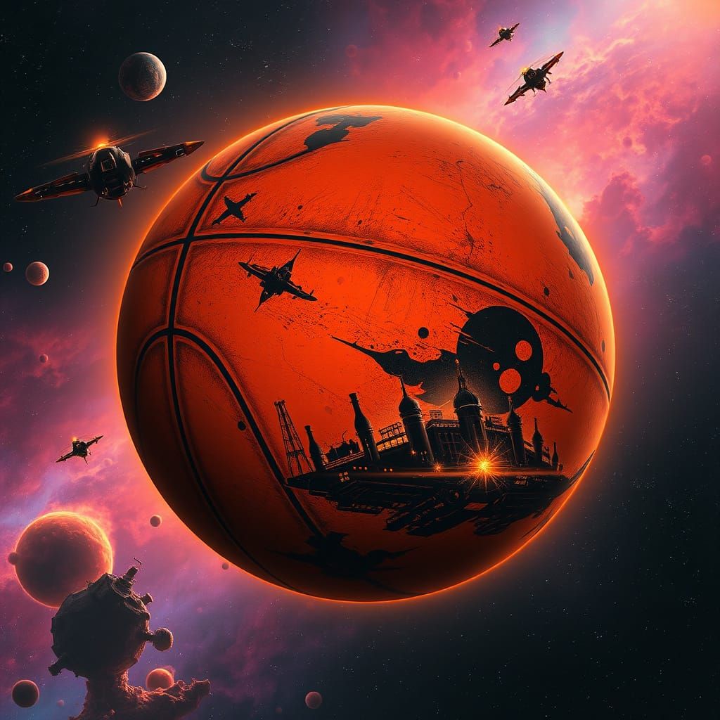 Basketball Planet with Dieselpunk Spaceships