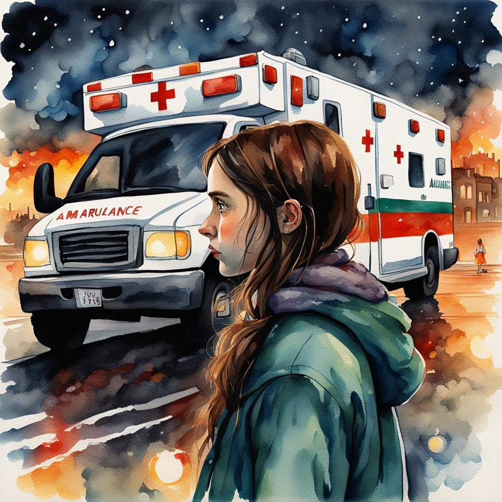 Worried Girl Watches Ambulance in Watercolor Style