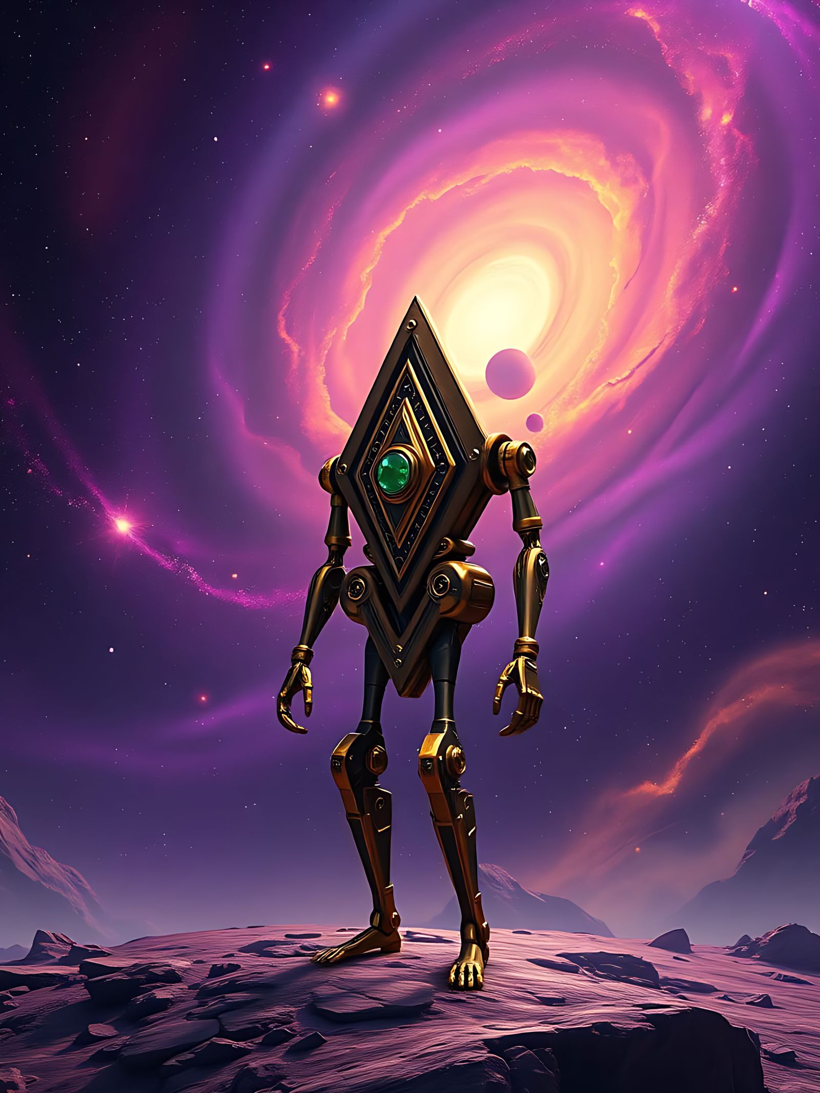 An intricately designed automaton resembling a diamond, stan...