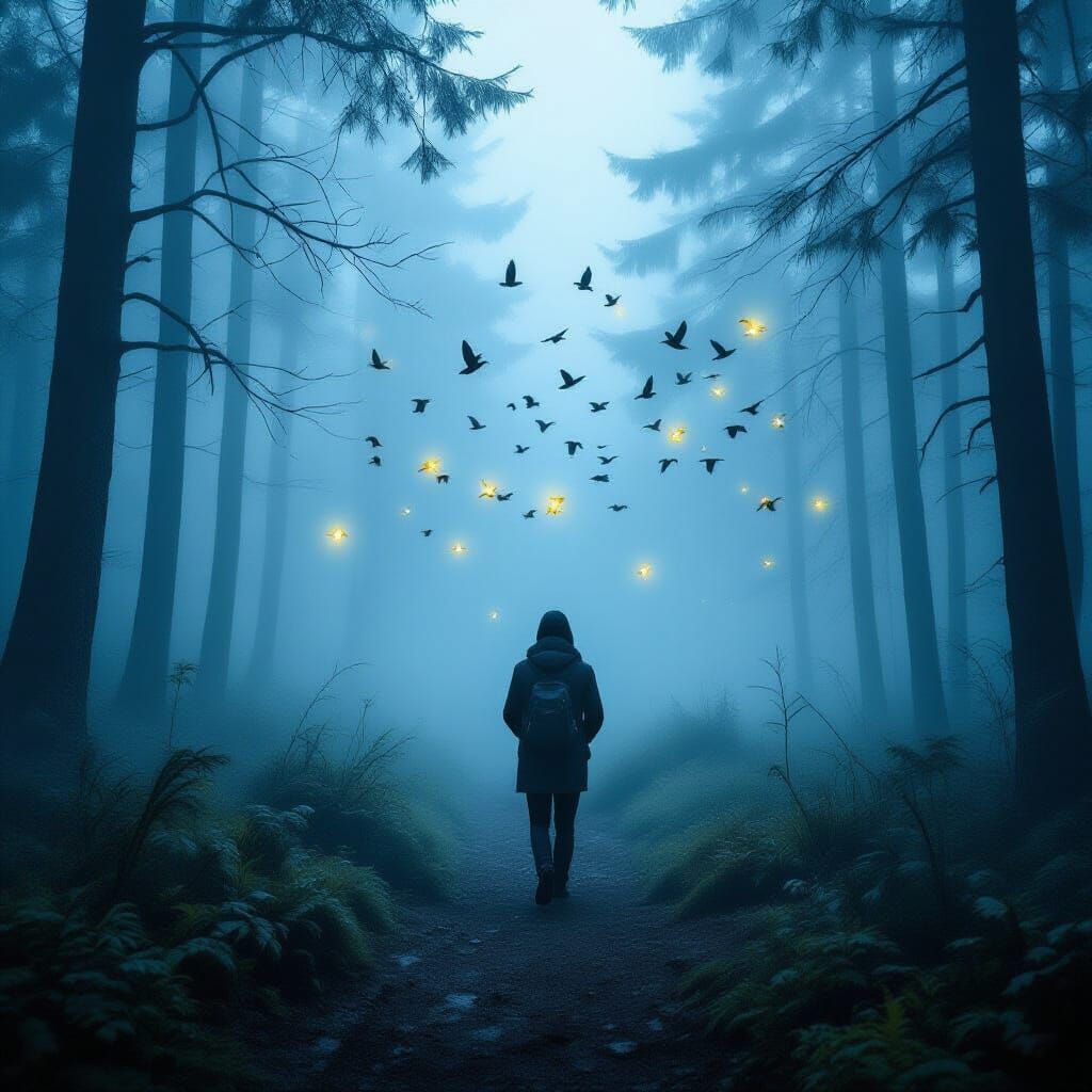 Dreamlike Foggy Forest with Luminous Birds