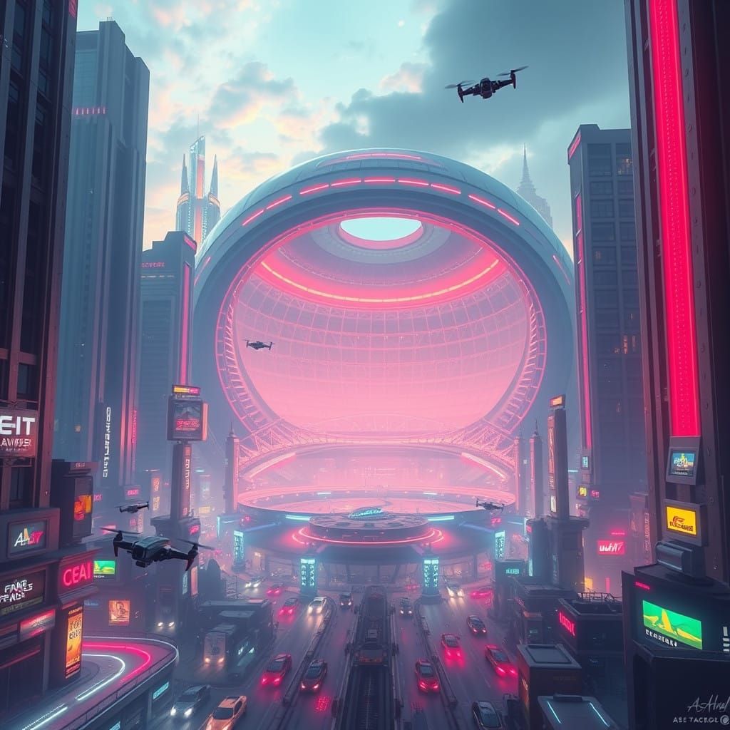 Cyberpunk Cityscape under a Translucent Dome