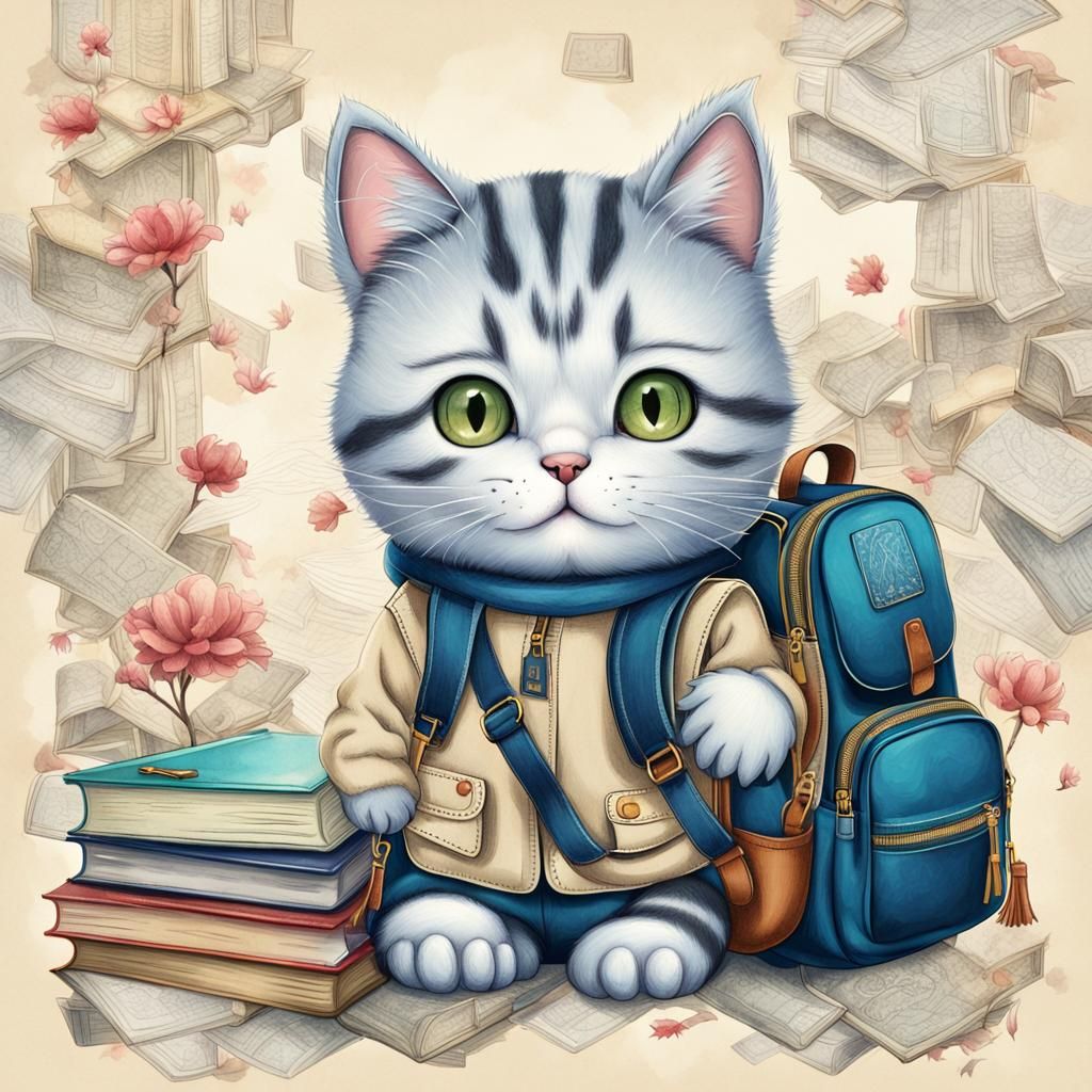 Chibi Cat Portrait Ready for School, Anime Style