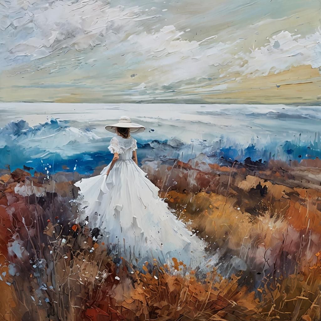 Impressionist Girl Observes Misty Landscape Painting