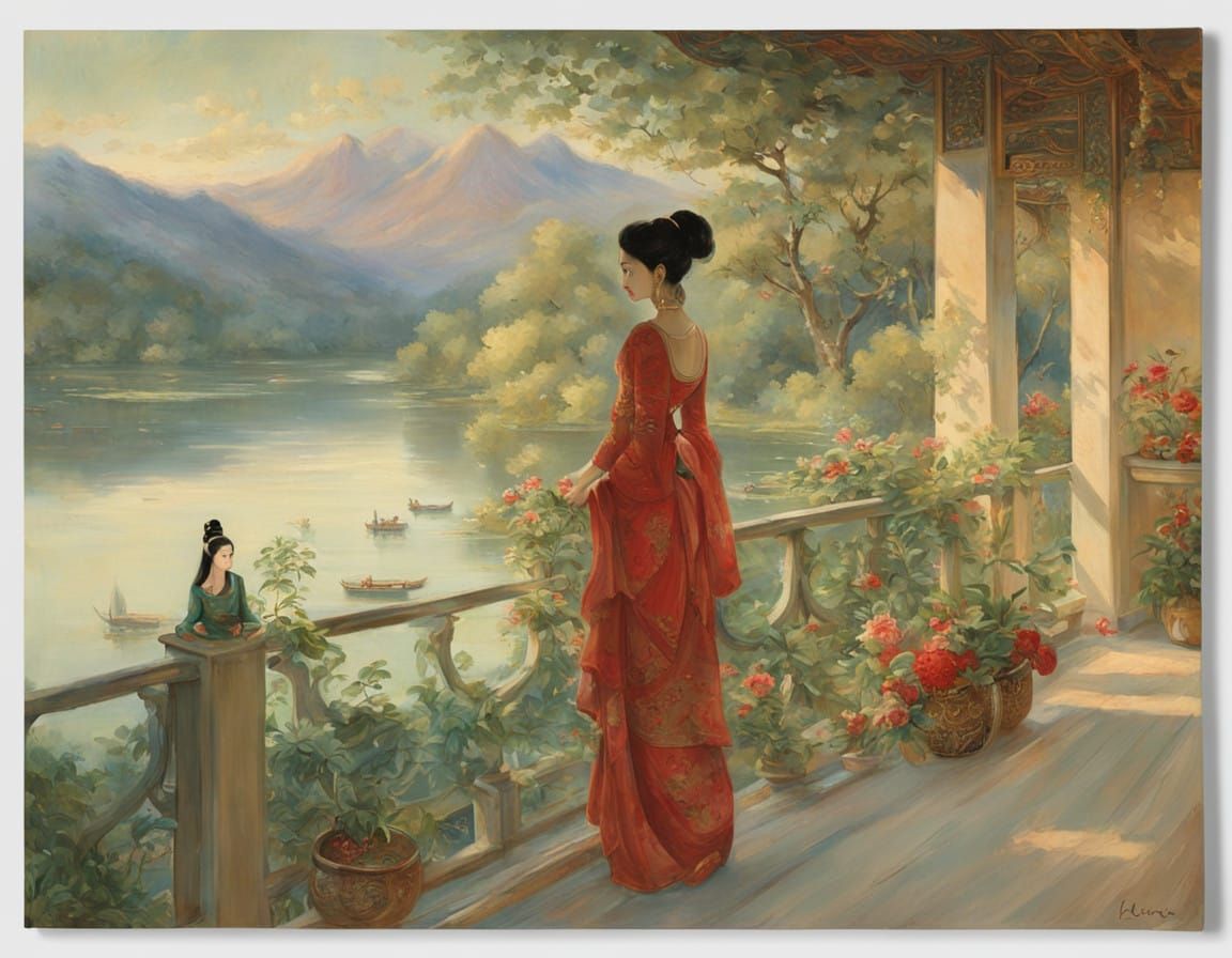 Woman Overlooking a Serene River Scene in Vintage Art Nouvea...