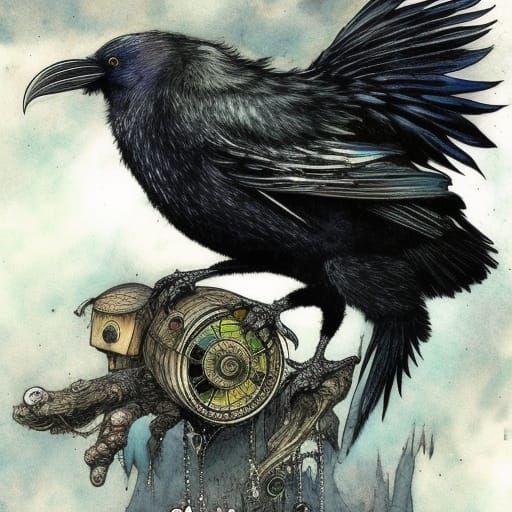 Iridescent Raven in Ink Maelstrom: Dark Fantasy Art