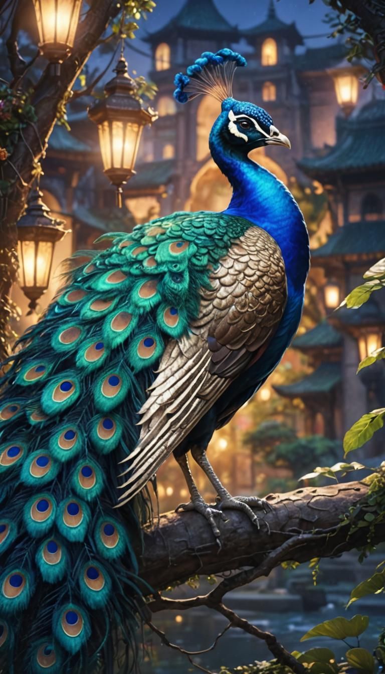 Regal Peacock at Nightfall in Fantastical Setting