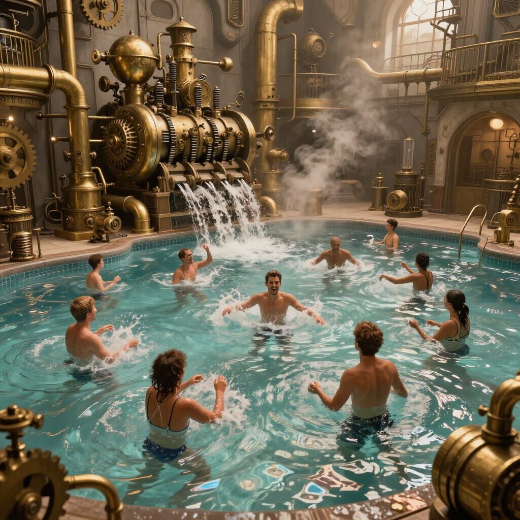 Steampunk Swimming Pool with Gears and Steam