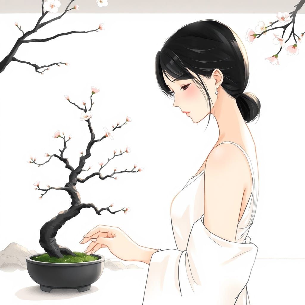 Serene Japanese Woman in Traditional Sumi-e Garden