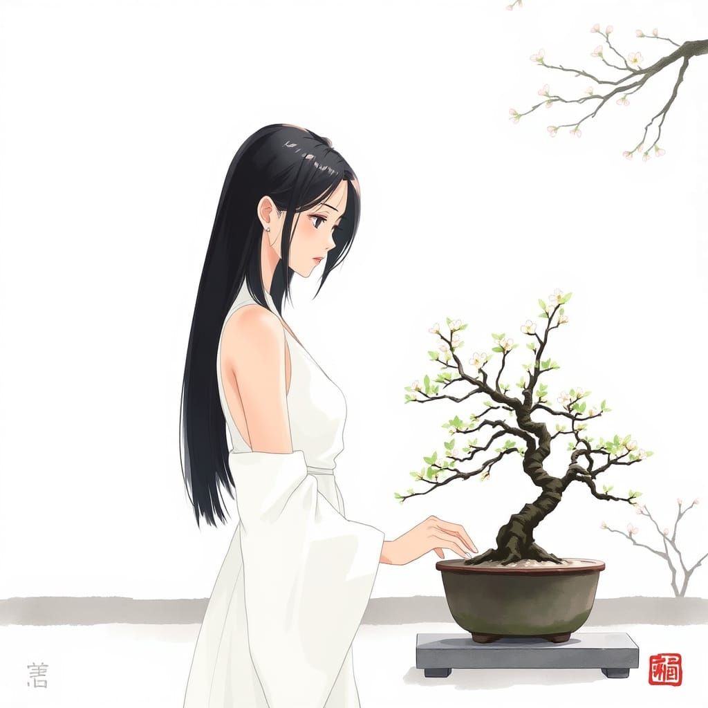 Serene Japanese Woman in Minimalist Zen Garden