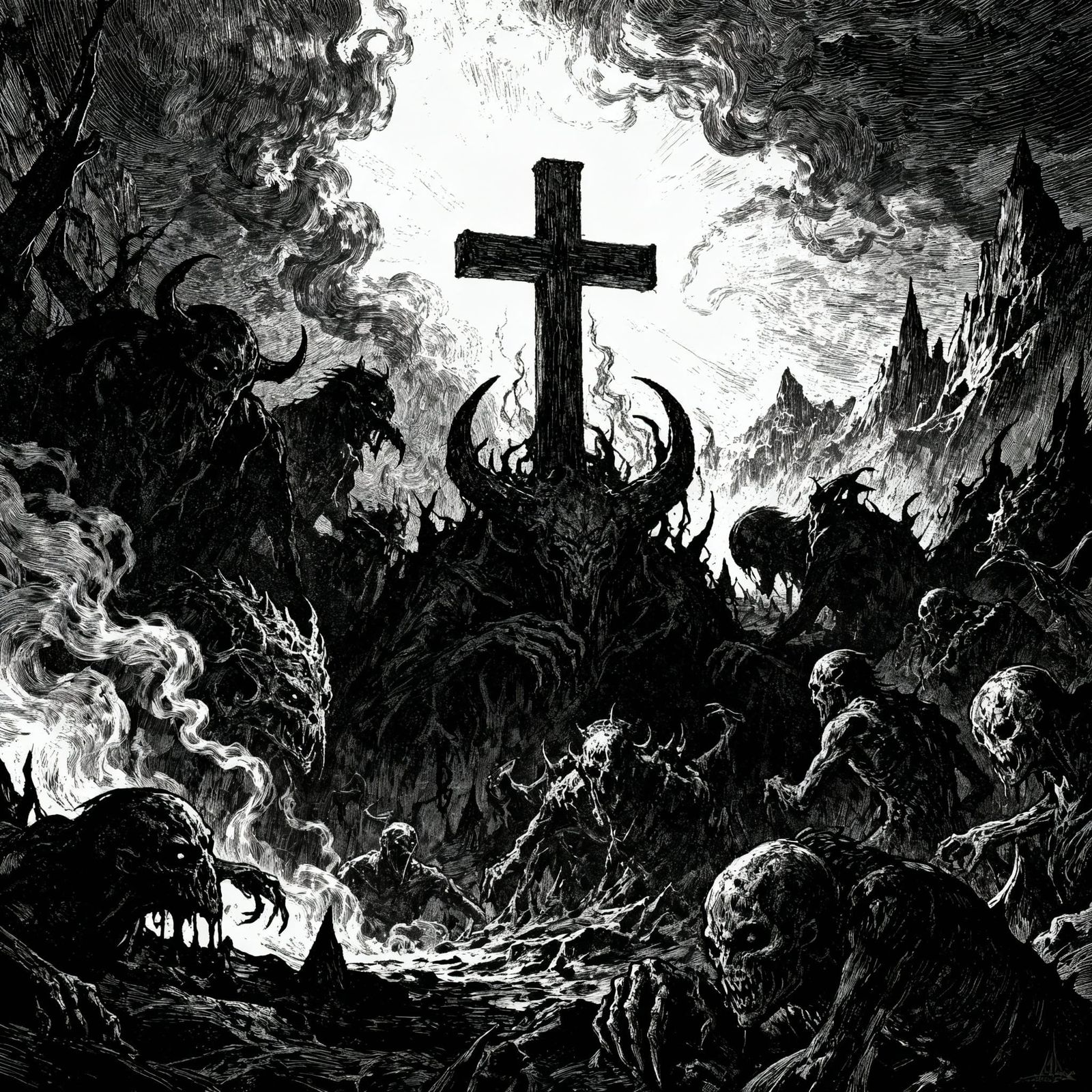Hellish Horrors in Gustave Doré Style Album Art