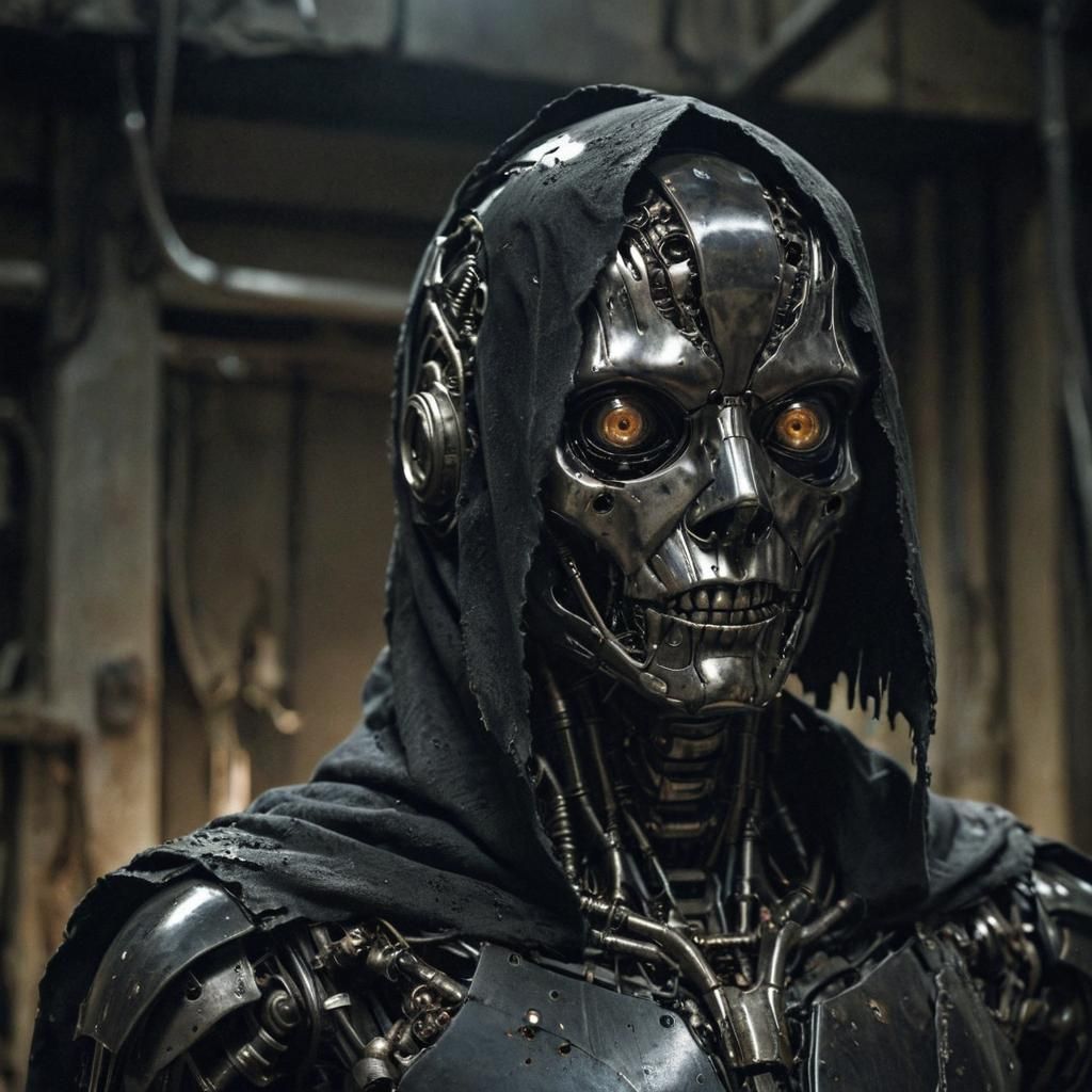 Killer AI in Abandoned Lab, Surreal Portrait