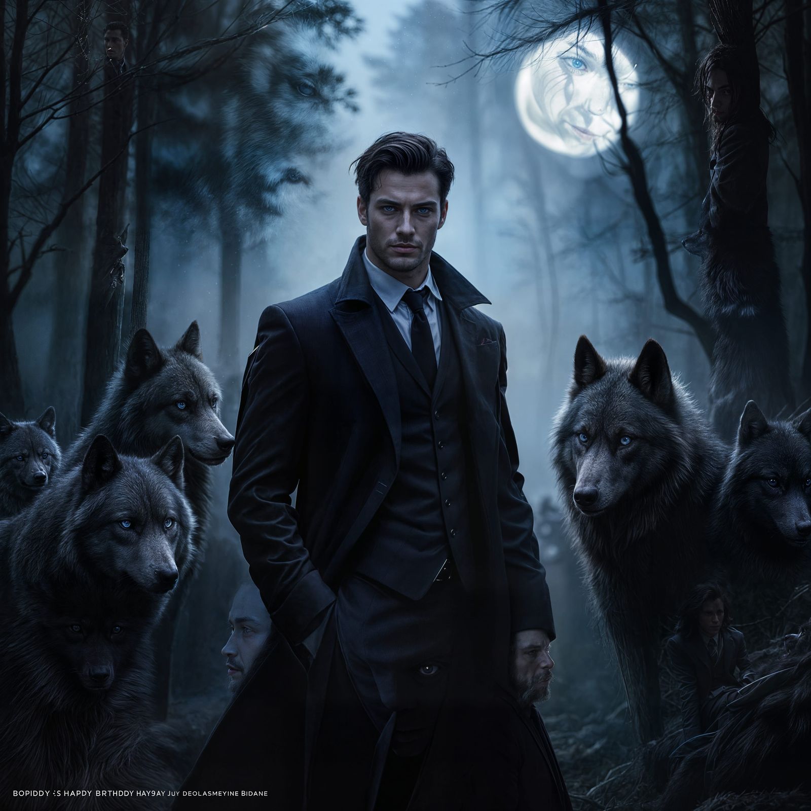 Mysterious Birthday Celebration in a Moonlit Forest with Wol...
