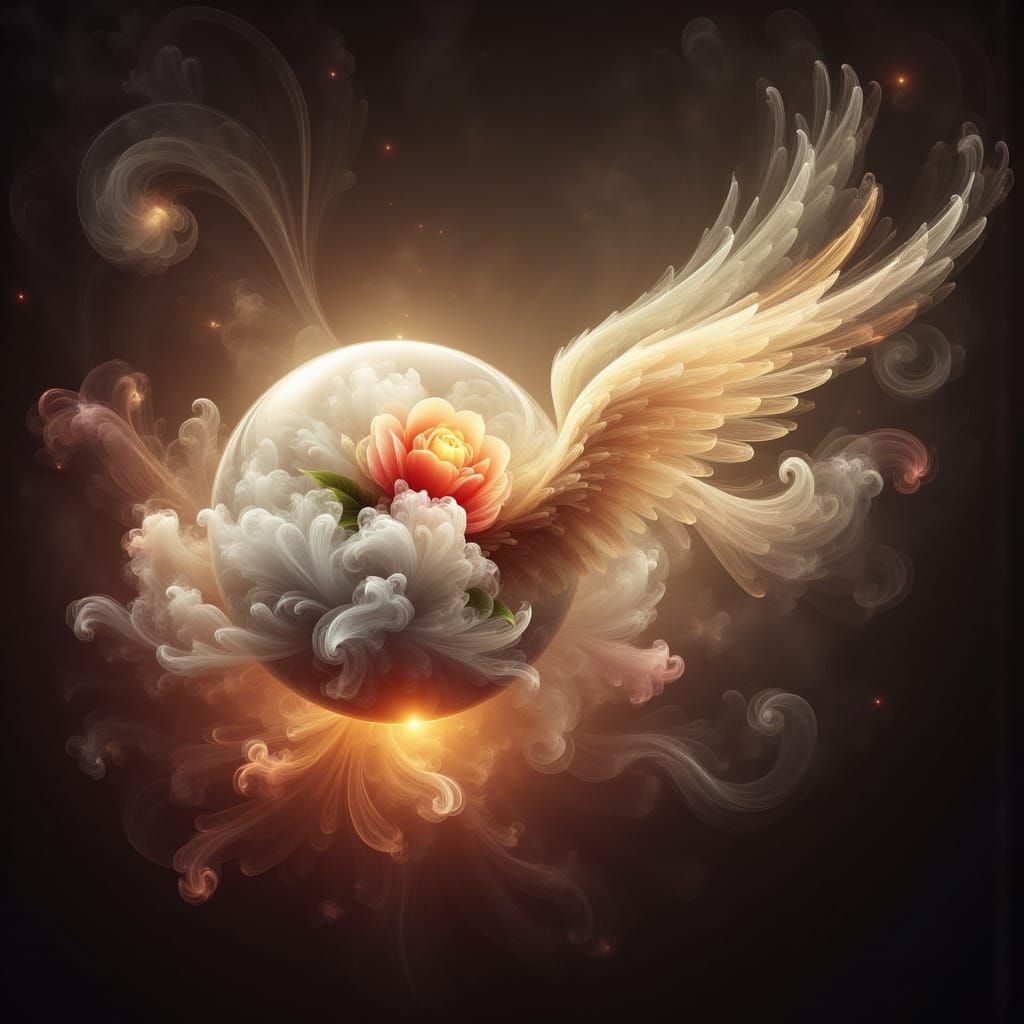 Winged Celestial Sphere Drifting Through Cosmos