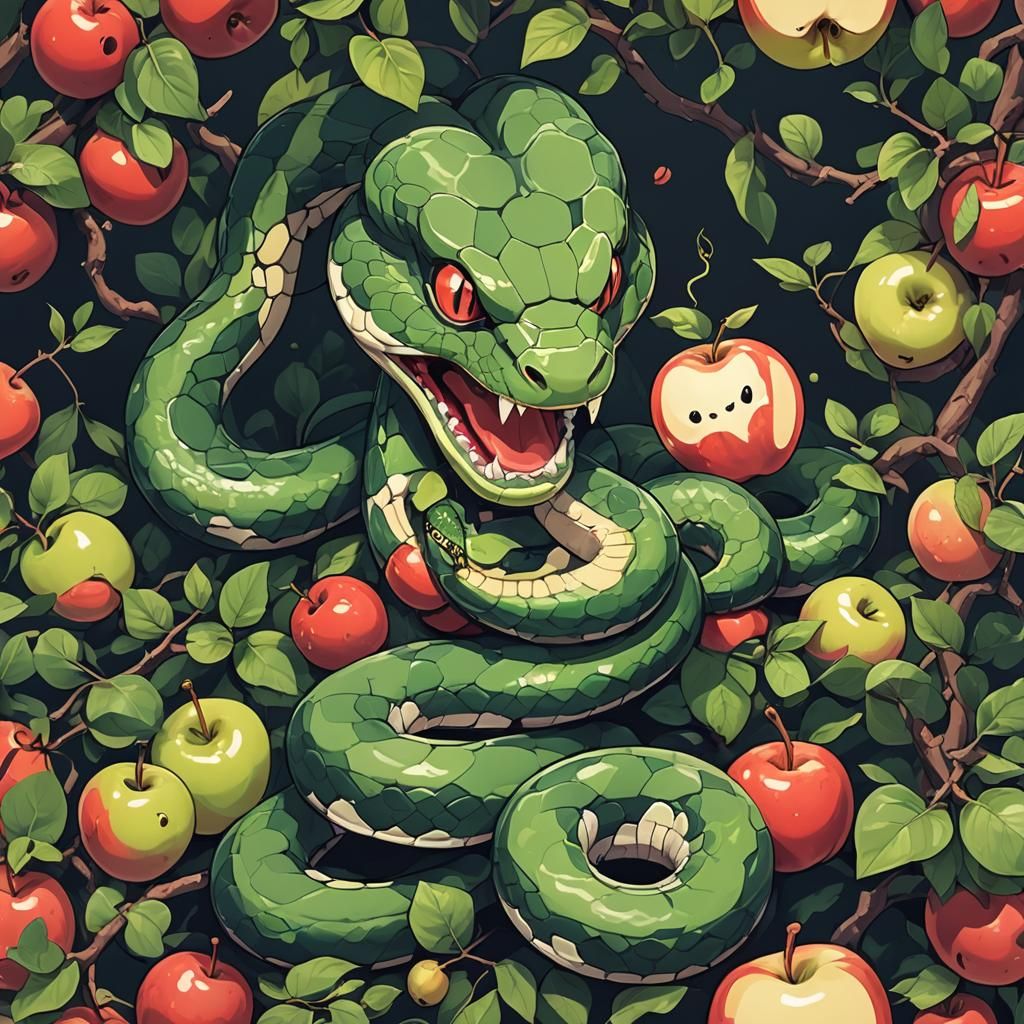 Cute Snake Eating Apple in Manga Anime Style