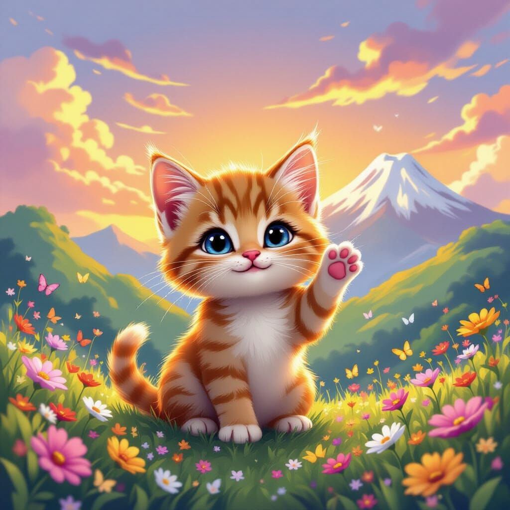 Cute Kitten Winks Peace Sign at Sunset