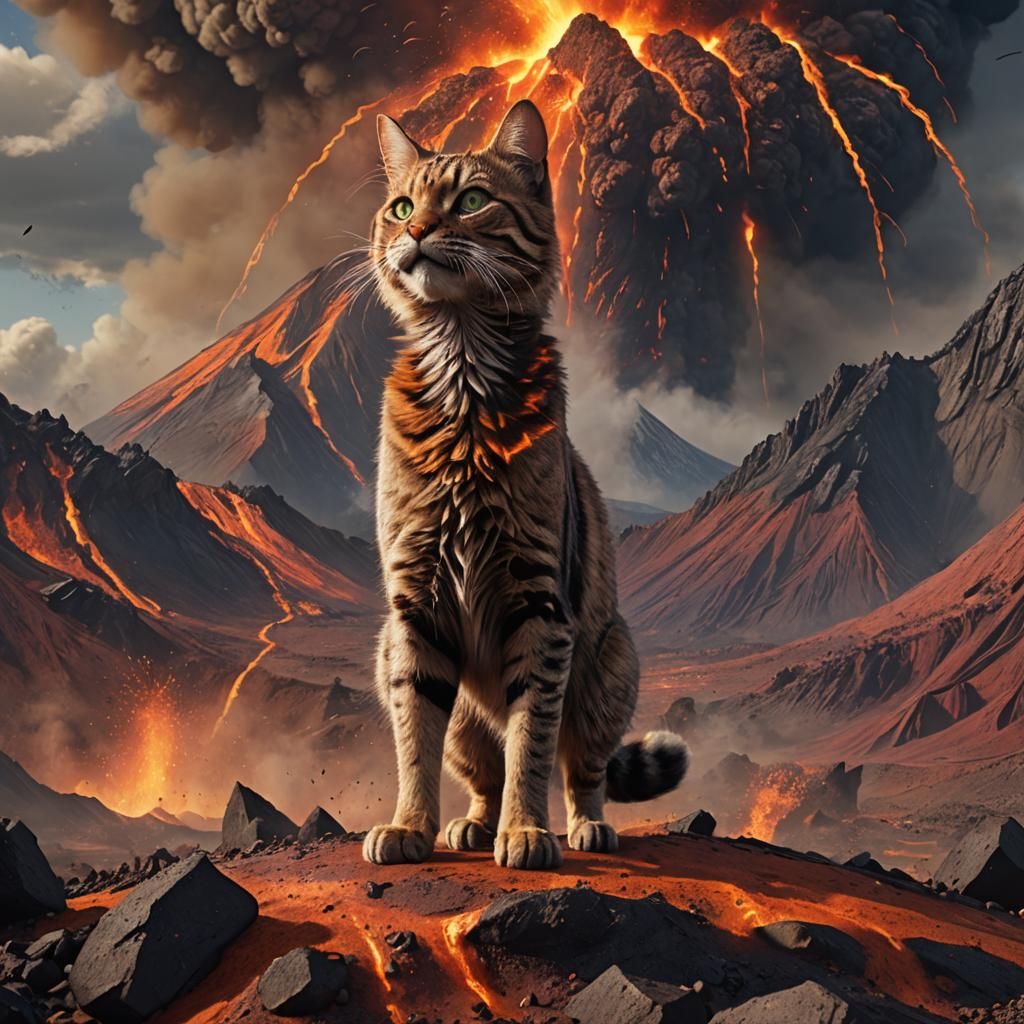 Russet Tomcat in Front of Erupting Volcano