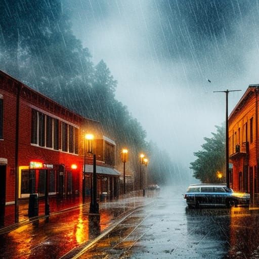 Torrential Rain in Small Town: Digital Watercolor