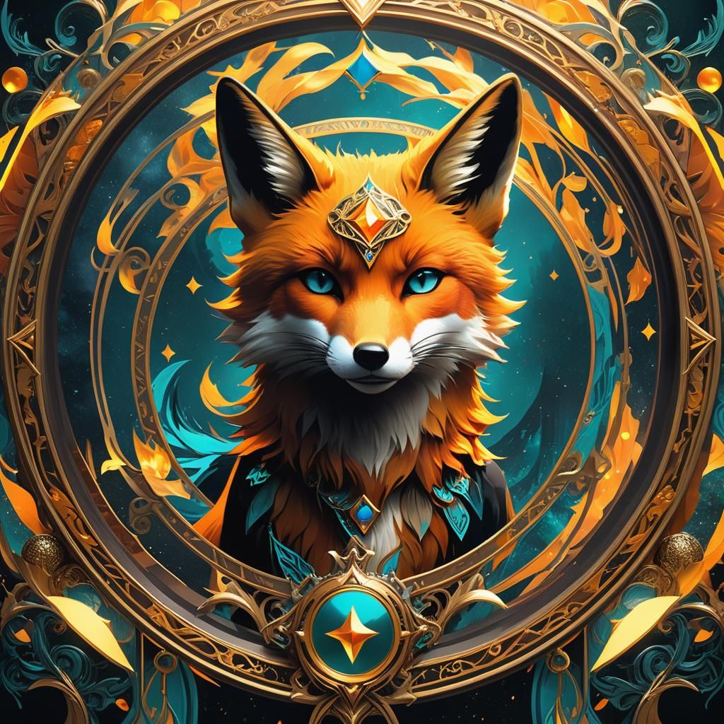 Fiery Fox Tarot Card Art in Orange and Teal