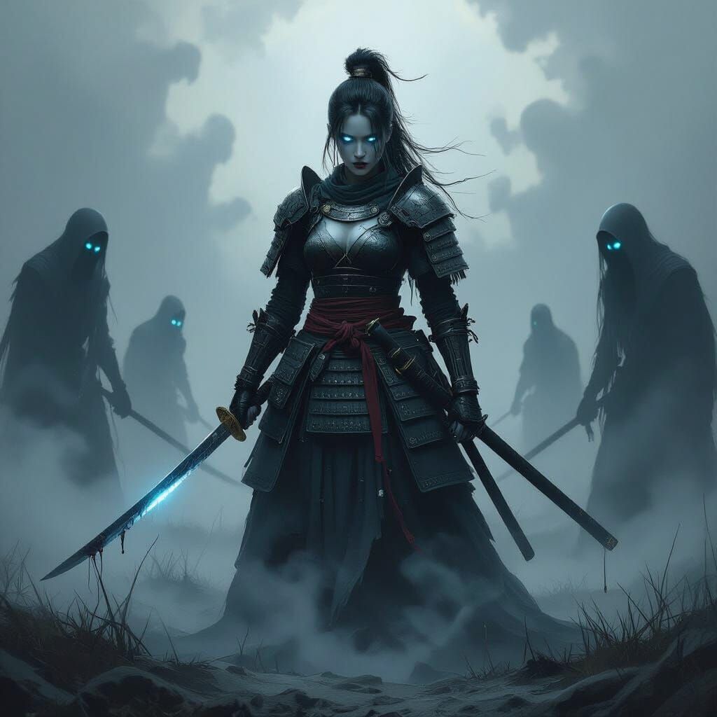 Gothic Samurai Warrior on Misty Battlefield
