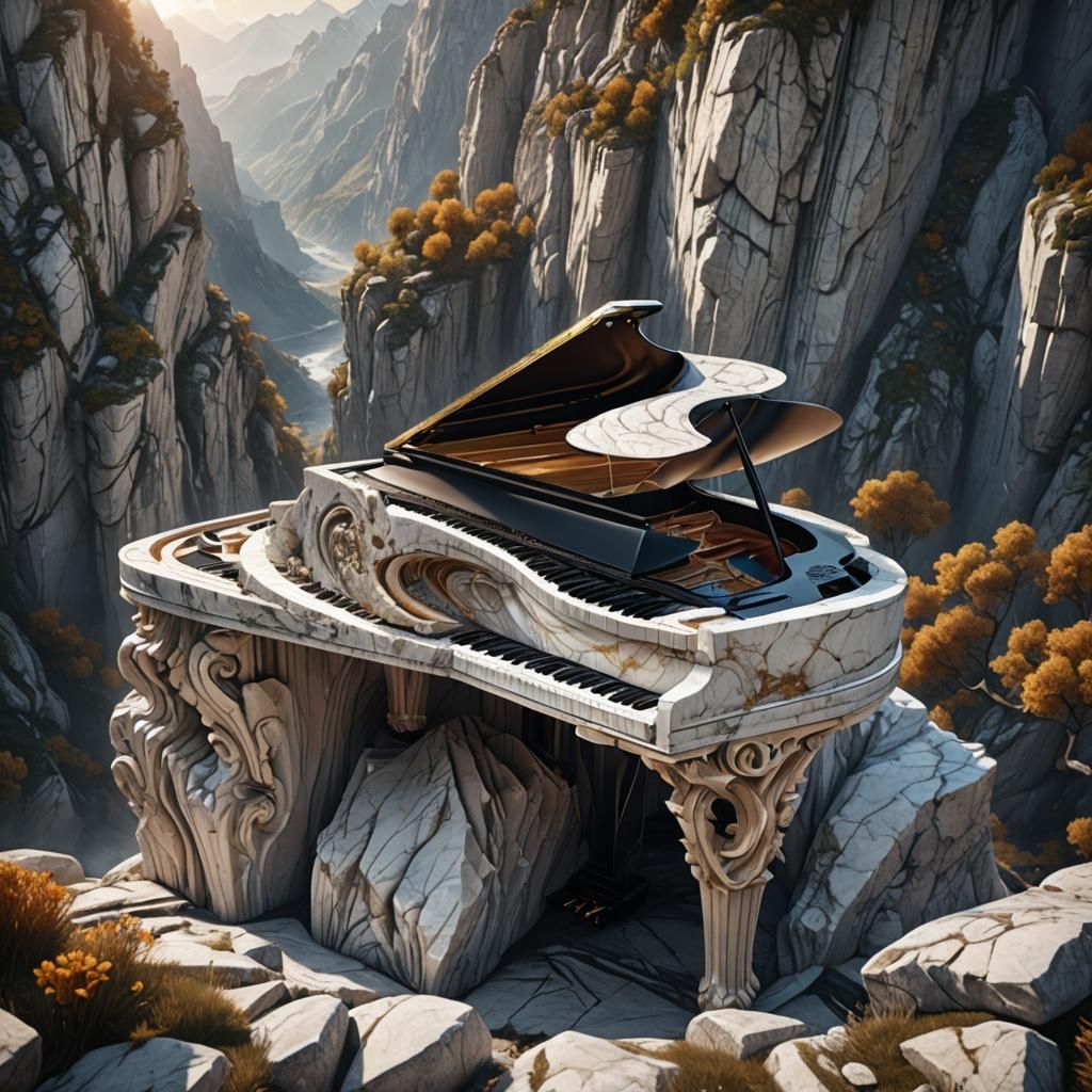Marble Piano in Mountain Landscape, Hyper-Realistic Art