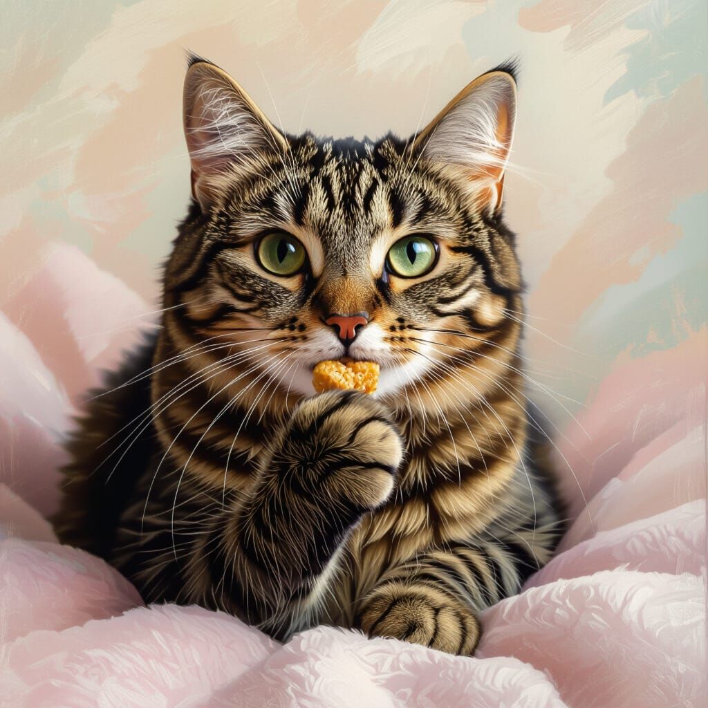 Tabby Cat Nibbling Treat: Photorealistic Fur Texture